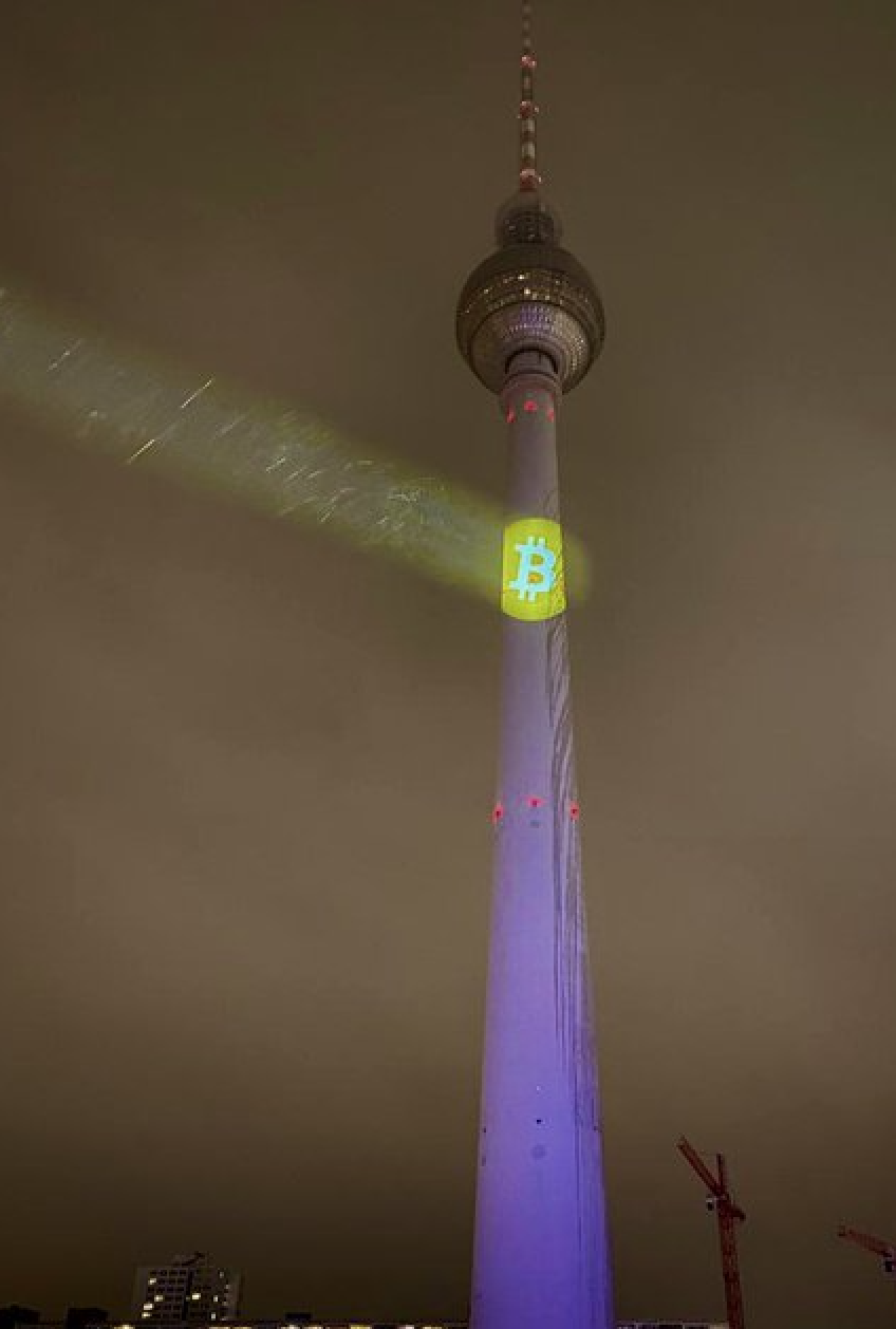Bitcoin B logo lights up Germany's tallest building in Berlin Bitcoin B logo lights up Germany's tallest building in Berlin