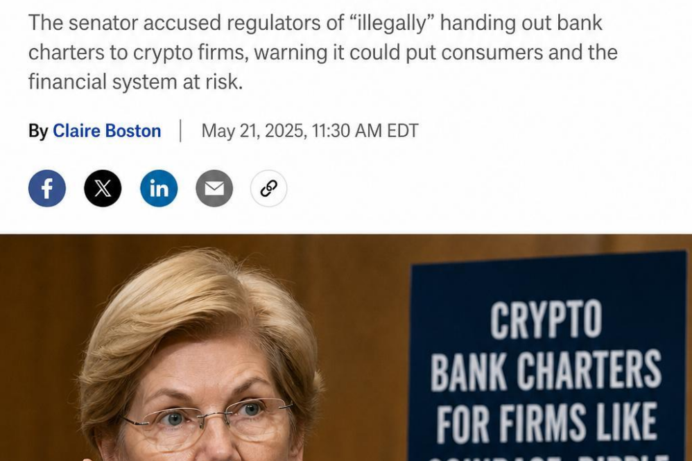 Elizabeth Warren Calls Crypto Bank Charter Approvals for Firms Like Coinbase, Ripple Illegal