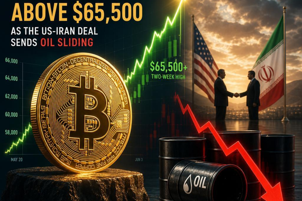 Bitcoin hits a two-week high above $65,500 as the US-Iran deal sends oil sliding