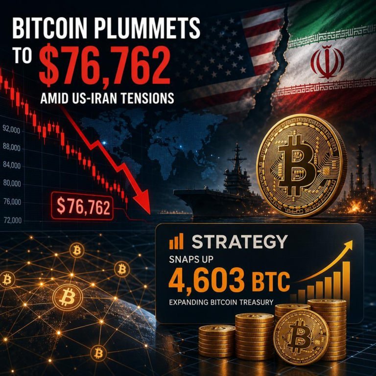 Bitcoin Plummets to $76,762 Amid US-Iran Tensions, Strategy Snaps Up 4,603 BTC