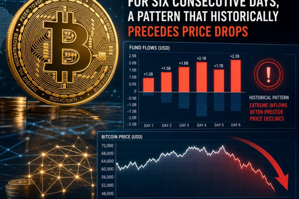 Bitcoin experiences extreme fund flows for six consecutive days, a pattern that historically precedes price drops