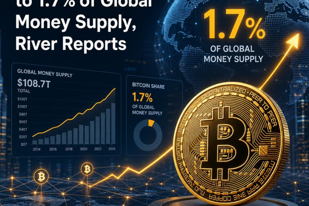 Bitcoin Surges to 1.7% of Global Money Supply, River Reports