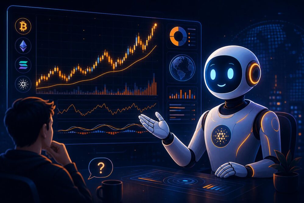 Illustration of a digital asset price chart with an AI market analyst answering a question